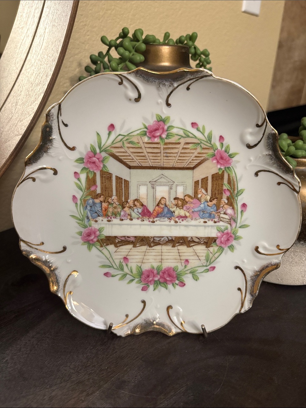 Decorative White Porcelain Plate with Gold Trim and Floral Last Supper Motif